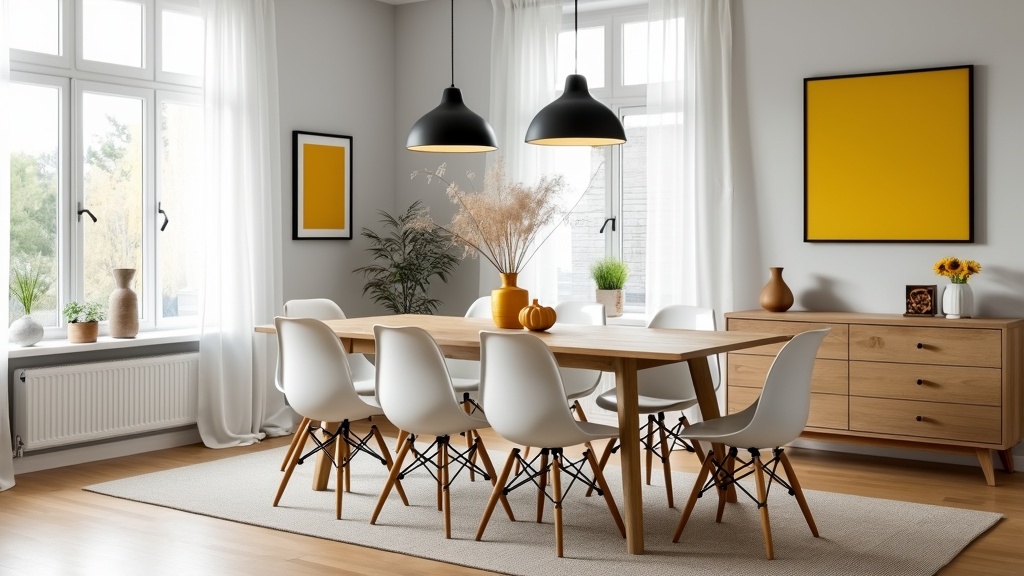 Minimalist Scandifornian dining room with light oak table, white chairs, sunny yellow accents, and large windows.