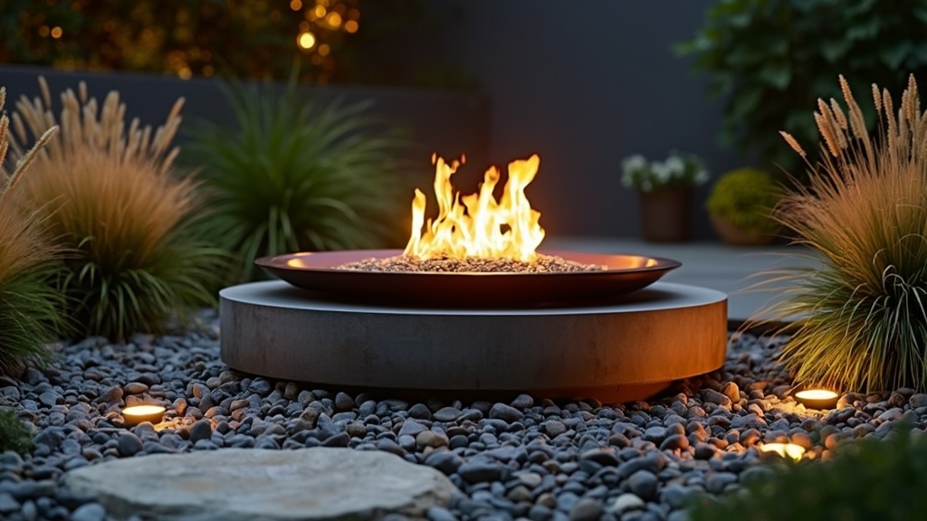 A contemporary fire bowl elevated on a pedestal, surrounded by pebbles and ornamental grasses in a garden.