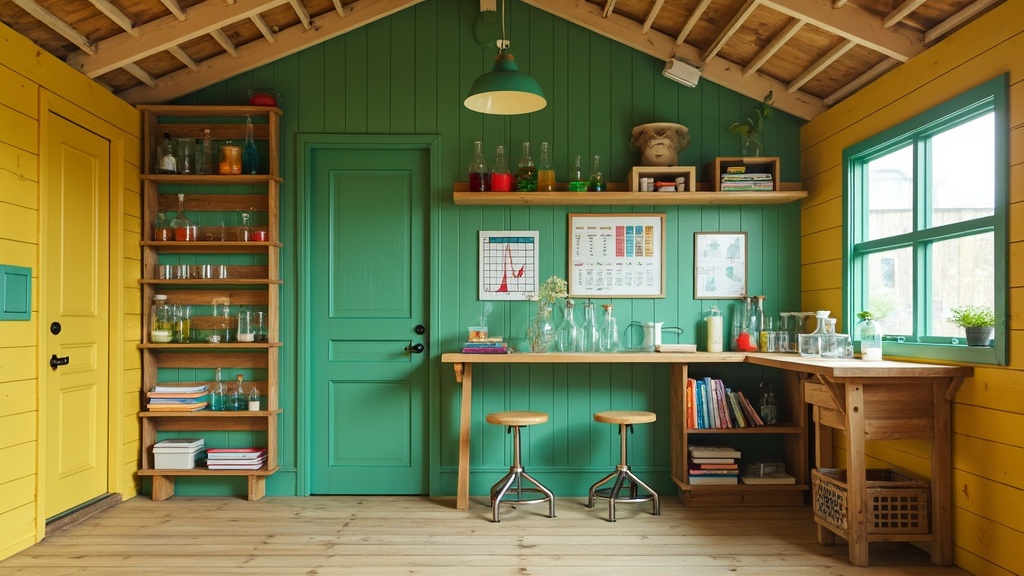 A colorful science lab playhouse with pallets, fun decals, and hands-on kits for curious children.