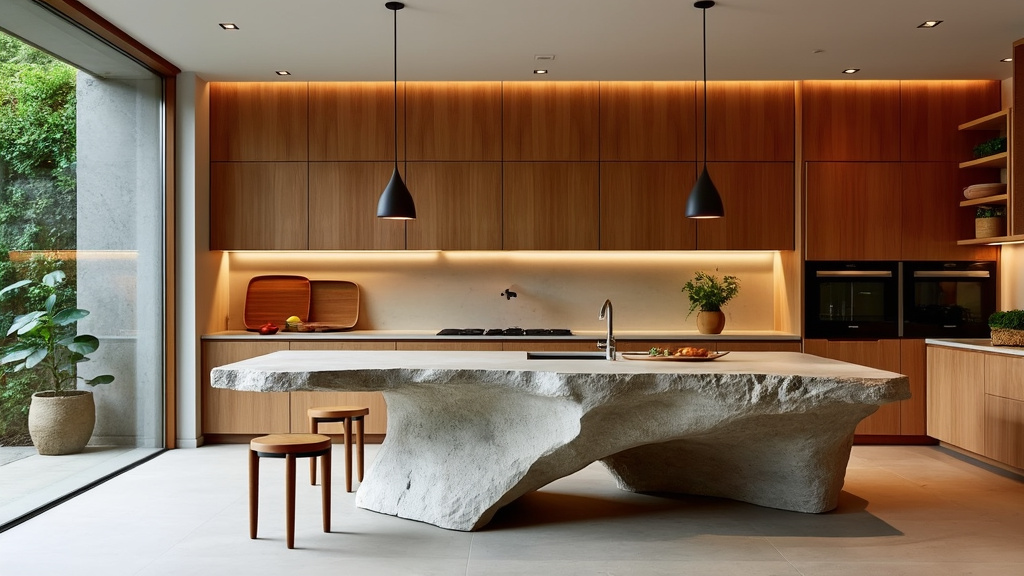 A modern kitchen showcasing a sculpted stone island, natural wood cabinetry, warm lighting, and greenery.