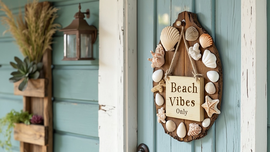 Door hanger made of seashells on wood, featuring 'Beach Vibes Only' sign, perfect for coastal decor.