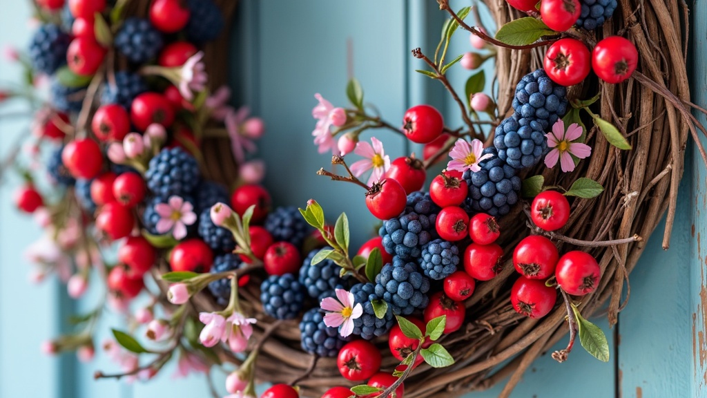 A berry-themed wreath with faux berries in red, blue, and green on a twig base, adorned with flowers.
