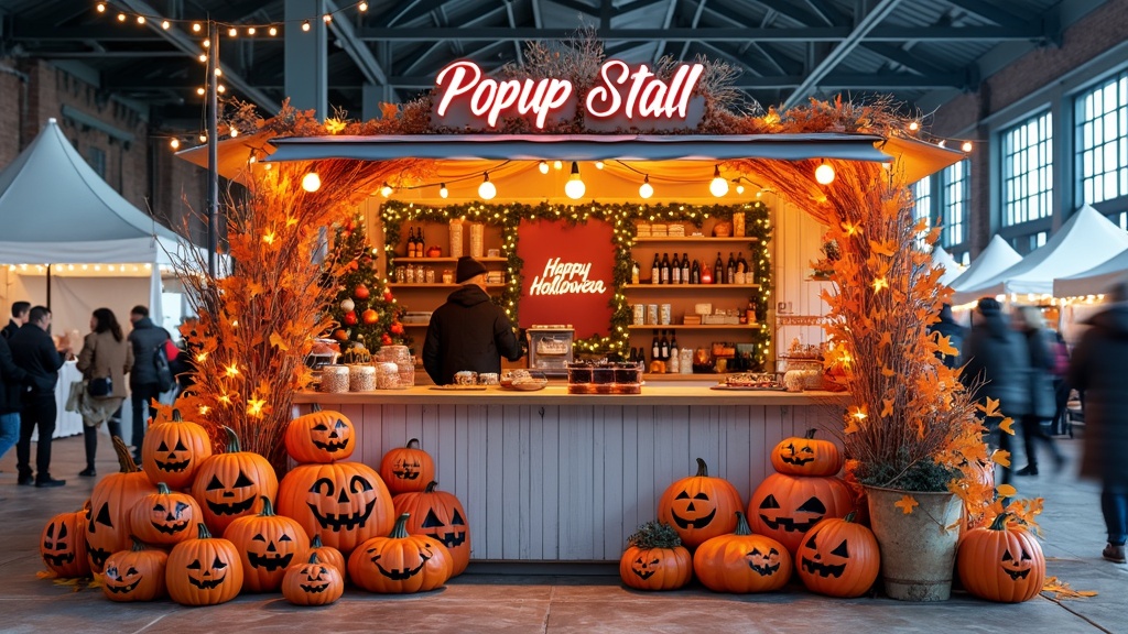 Seasonal pop-up stall with themed decorations, treats, and crafts for various festive occasions year-round.