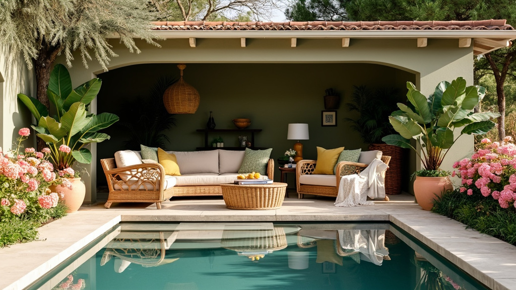 Image of a stylish lounge area with seasonal colors, rattan furniture, and blooming plants by a pool.