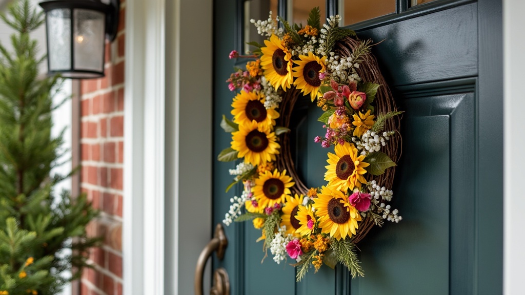 A collection of seasonal wreaths for front door decor, featuring flowers, leaves, and custom embellishments.