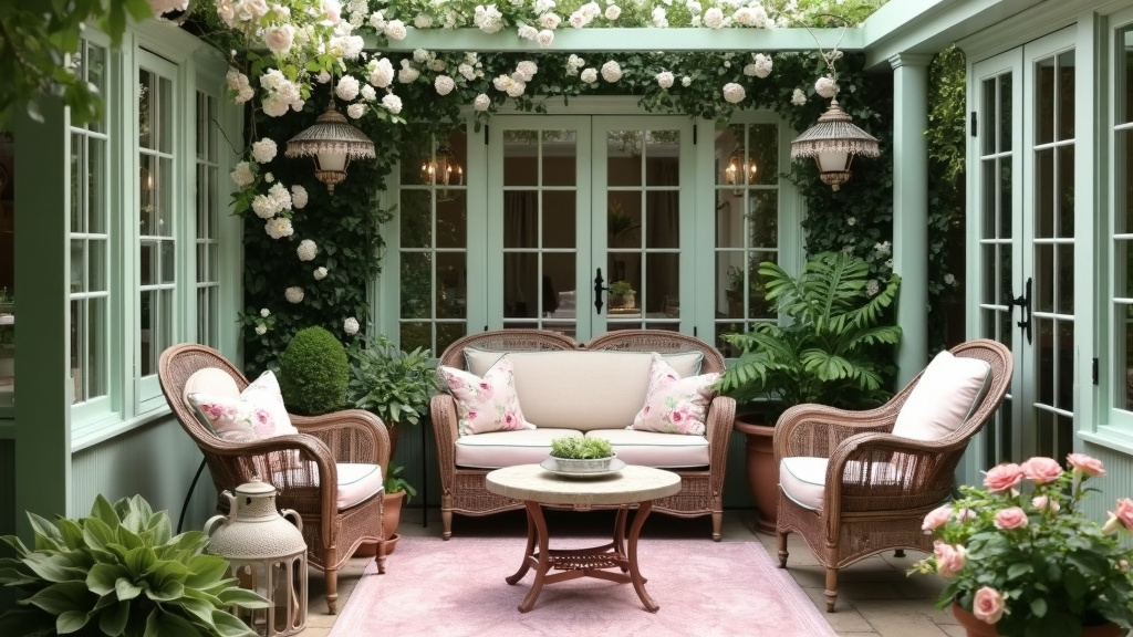 Delightful Victorian garden patio with pastel hues, climbing roses, wicker furniture, and a gazebo.