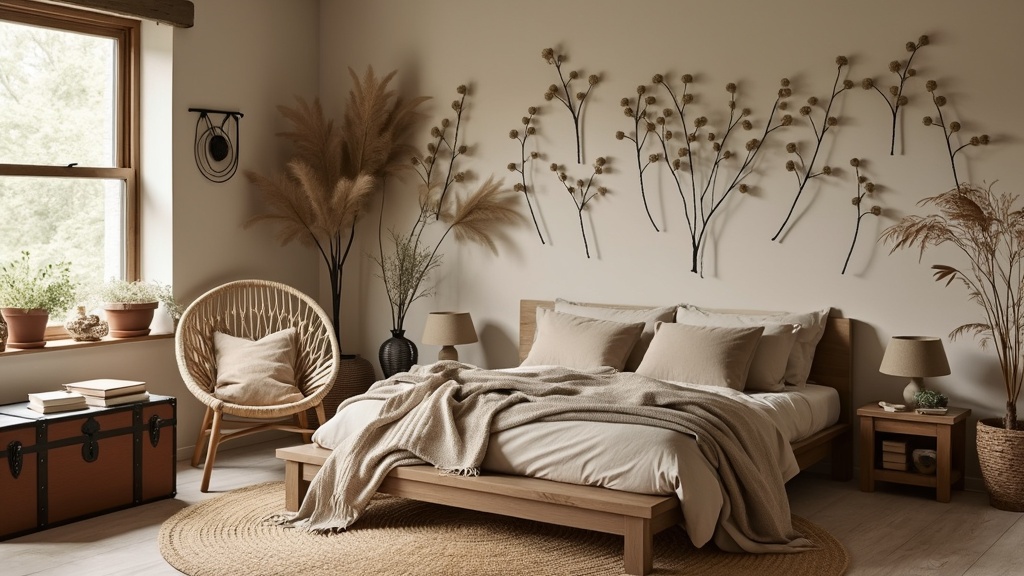 Calm earthy bedroom with wooden bed, natural art, cushions, woven rug, and antique trunk as bedside table.