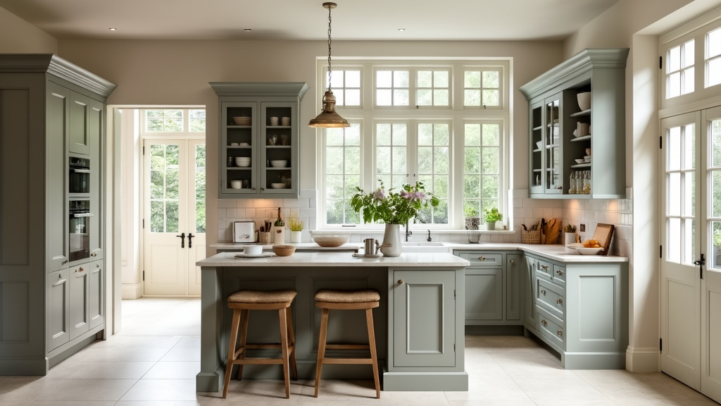 Elegant kitchen design with gray and cream colors, large windows, quartz countertops, and natural light.