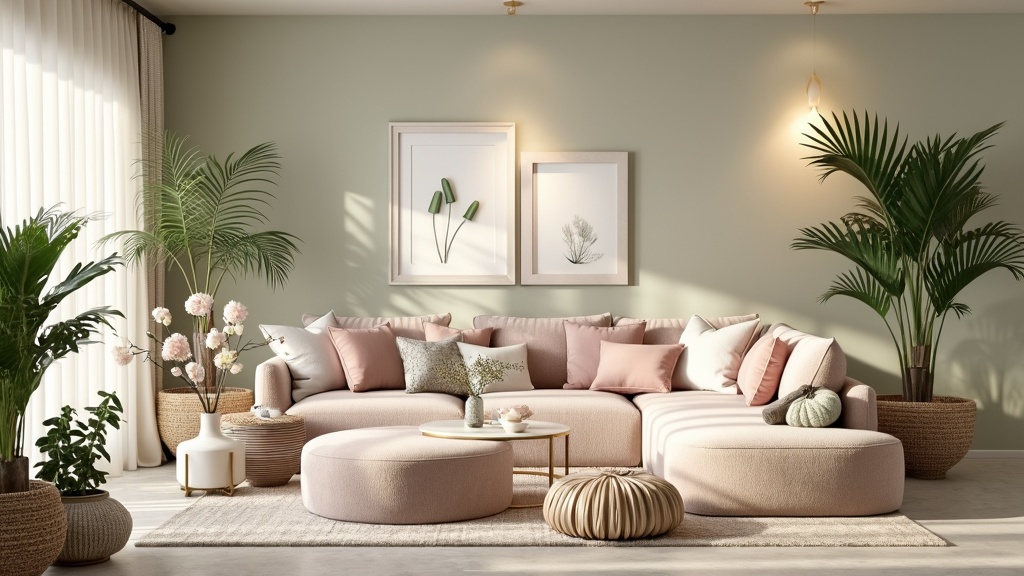 Serene living room oasis with soft colors, plush round furniture, plants, and gentle lighting.
