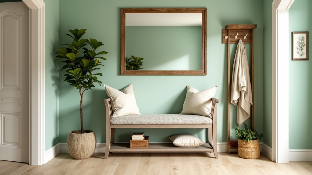 Serene entryway with seafoam green walls, light oak flooring, wooden bench, mirror, and potted plants.