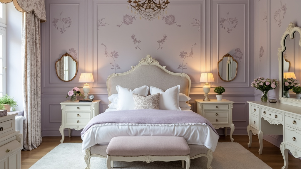 Calming Victorian-inspired bedroom with pastel lavender walls, floral patterns, and an elegant queen bed.