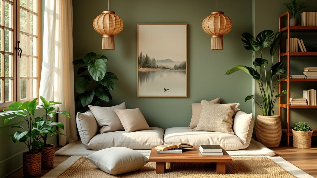Cozy reading nook with soft greens, earthy browns, bamboo furniture, plush cushions, and plants.
