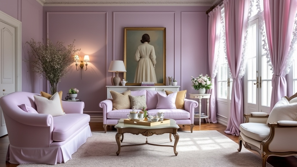 Serene Victorian living room with pastel shades, curved furniture, lace accents, and elegant textiles.