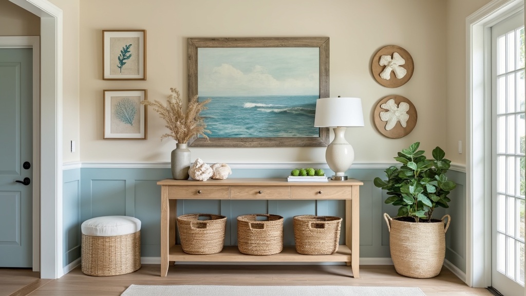 Entryway design featuring sandy hues, light oak furniture, woven rattan storage, and coastal decor accents.