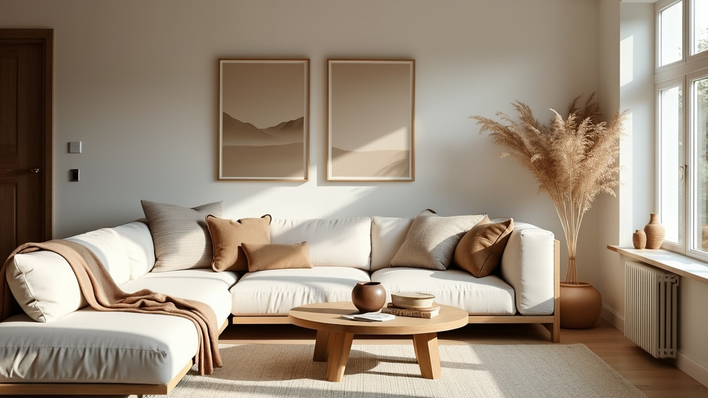 Cozy Scandinavian living room with light woods, neutral colors, plush sofa, and handmade ceramics.