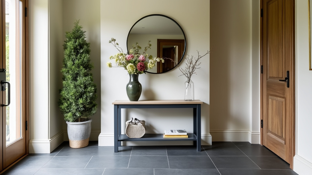 Modern English country entryway with slate tiles, wooden fixtures, console table, flowers, and mirror.