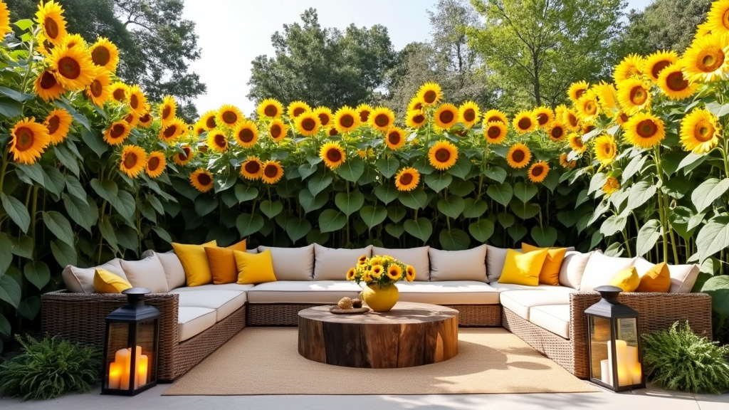 A sunlit patio adorned with tall sunflowers, cozy natural seating, and lanterns for a summer gathering.