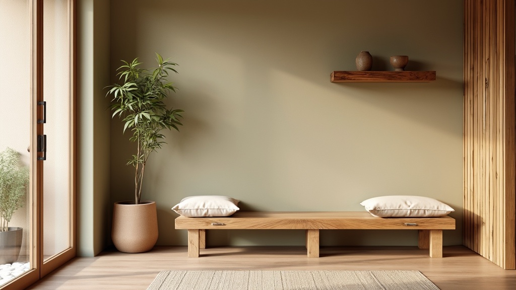 Southwestern-inspired entryway with neutral walls, bamboo accents, wooden bench, and calming decor.