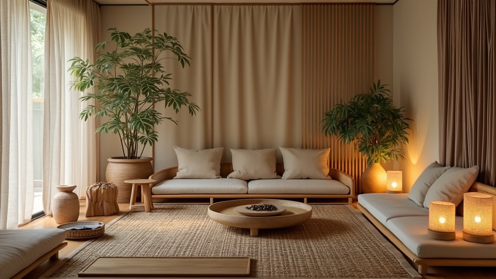 Serene Zen-inspired living room with natural materials, neutral colors, bamboo furniture, and plants.