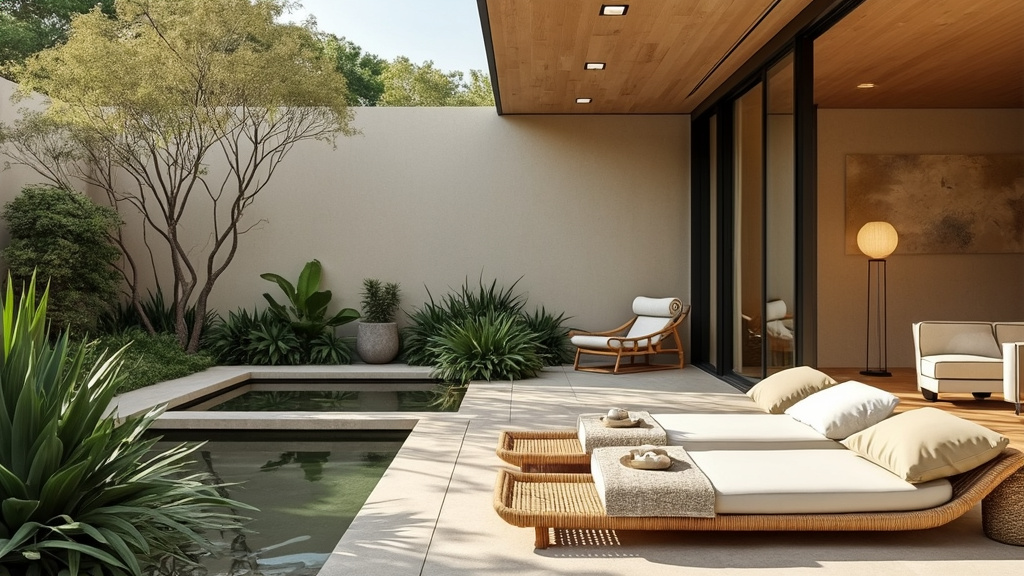Serene Zen Retreat with soft earth tones, bamboo, stone, low furniture, greenery, and a calming water feature.