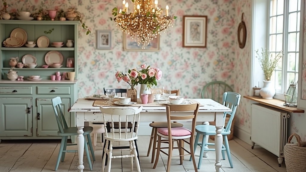 Modern rustic dining room with a distressed white table, mismatched pastel chairs, vintage wallpaper, and chandelier.