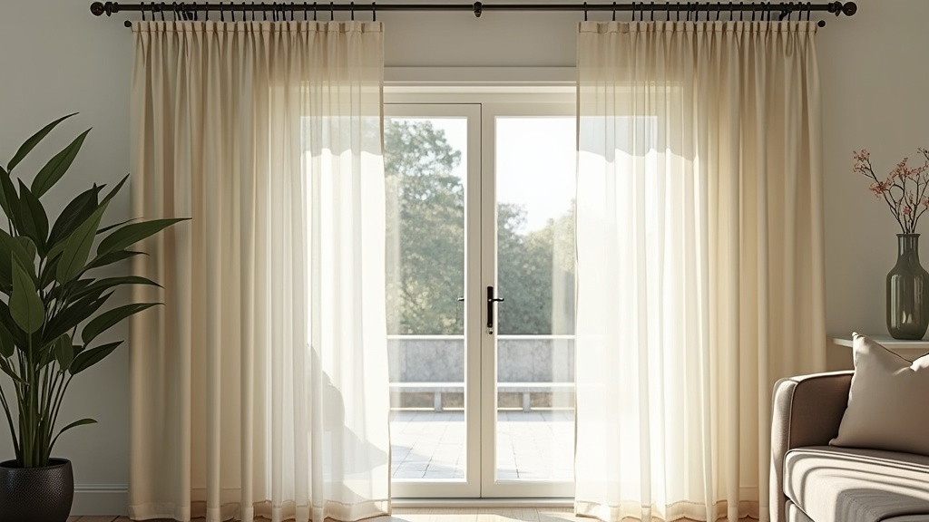 Sheer white curtains elegantly frame a sliding glass door, allowing diffused light while ensuring privacy.