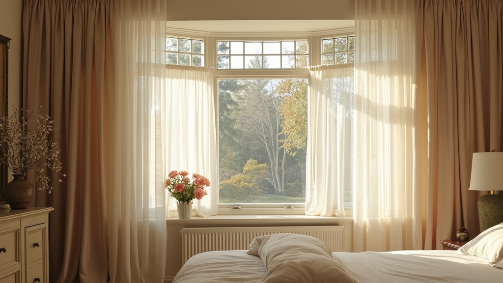 Sheer curtains in a bedroom bay window, filtering sunlight, layered with heavier drapes for privacy.