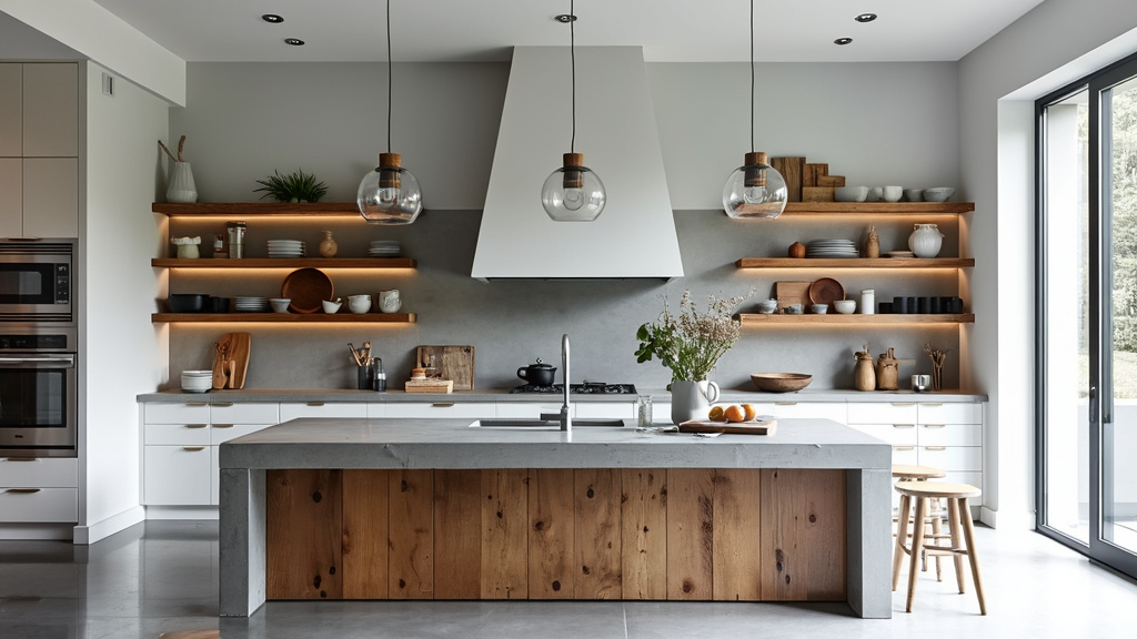 Sleek industrial minimalist kitchen featuring a concrete island, open reclaimed wood shelving, and gray tones.