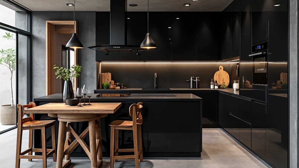 Modern kitchen with high-gloss black cabinetry, quartz countertops, wood accents, pendant lighting, and concrete flooring.