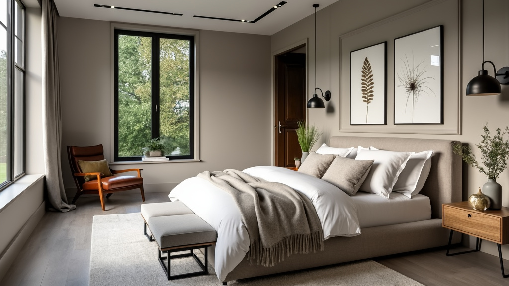 Transitional bedroom with gray and beige tones, oversized bed, large windows, and sleek wooden furniture.