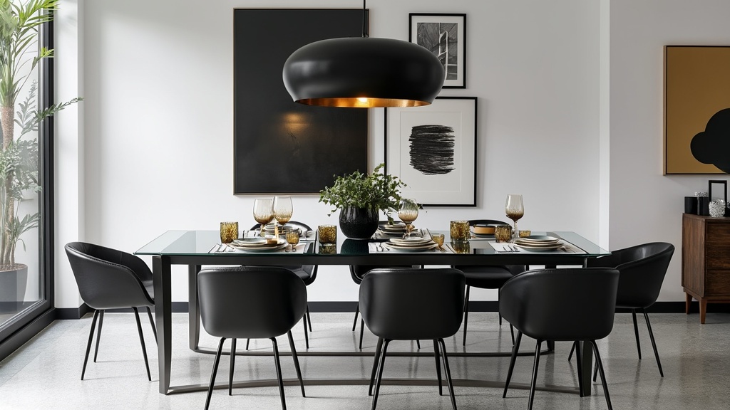 Sleek urban dining room with glass table, black chairs, white walls, art pieces, and pendant light.