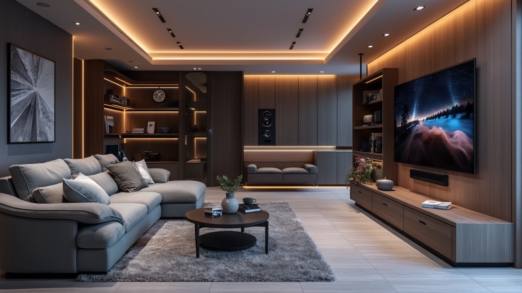 Modern mobile home living room featuring smart tech, voice-controlled devices, and a sleek multifunctional sofa.