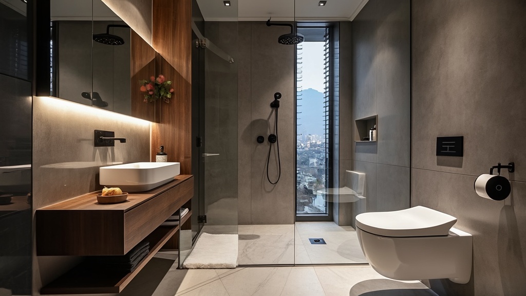 Smart bathroom features like mirrors, tech showers, and toilets enhancing functionality and sophistication.