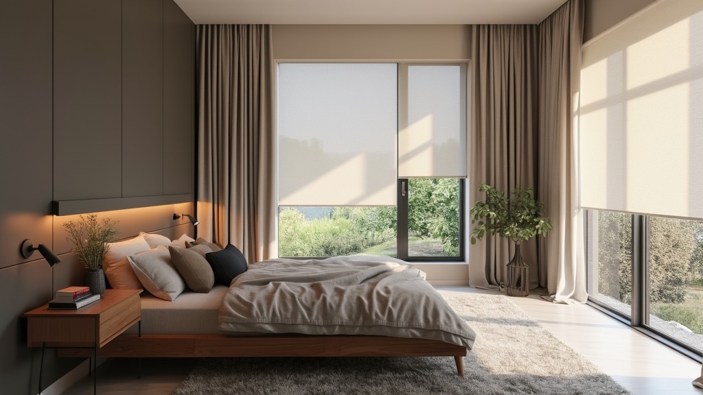 Tech-savvy bedroom with motorized curtains and smart blinds, showcasing modern home automation and design.