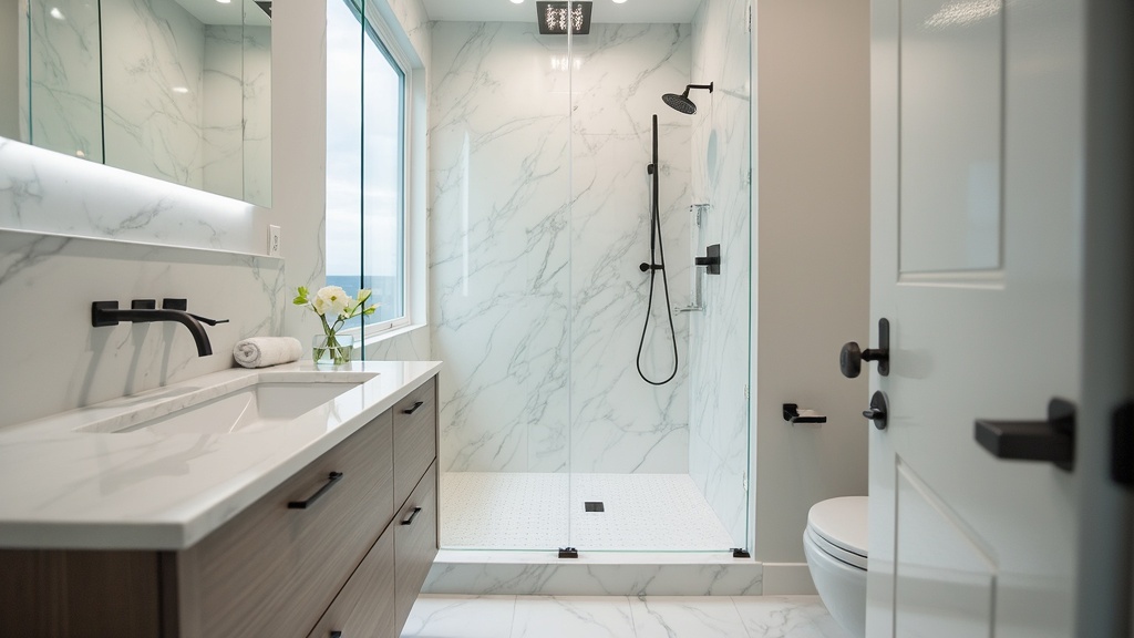 A modern bathroom with smart technology features like a touchless faucet and programmable lighting.