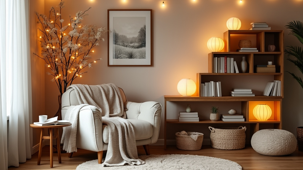 Cozy reading nook with warm lighting, oversized armchair, knitted blanket, earthy rug, and nature art.