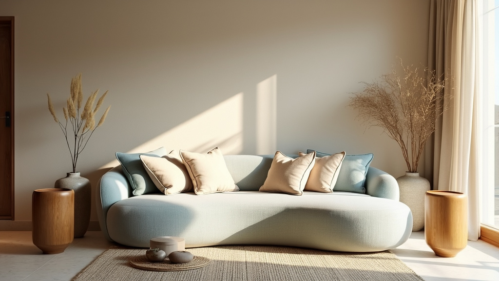 A softly curved sofa with textured pillows and wooden tables in a bright, airy room with natural light.