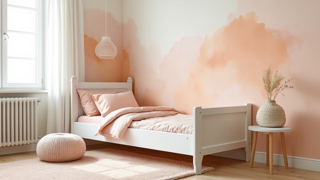 Serene children's room with a light peach mural, white bedframe, pastel rug, and cozy cushions.
