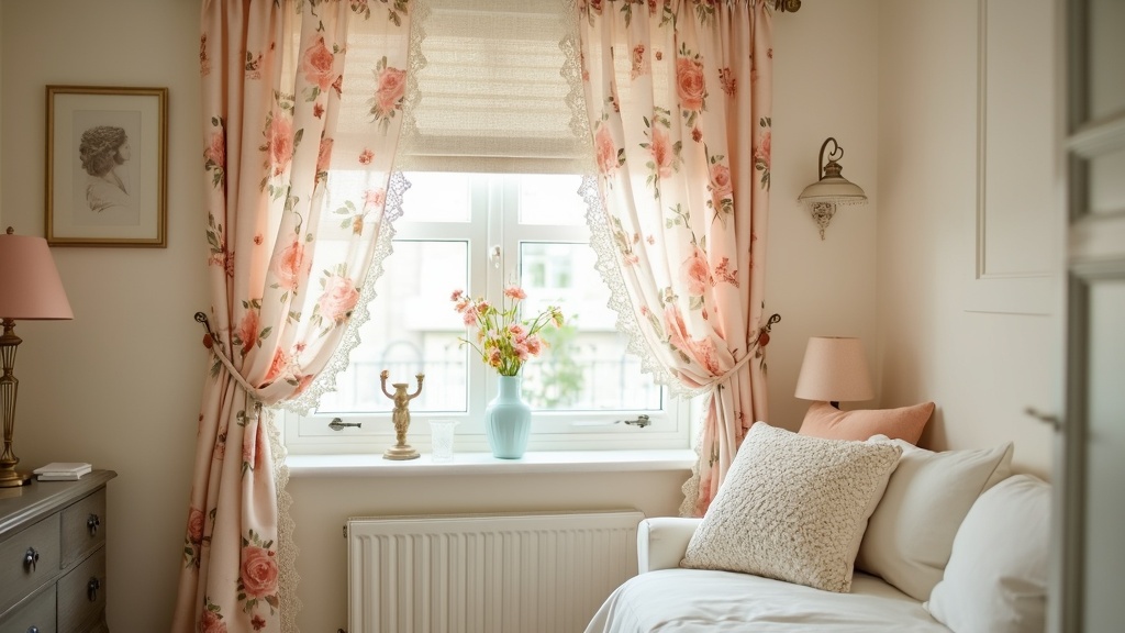 Soft floral curtains and fabric blinds create a romantic atmosphere with pastel colors and lace accents.