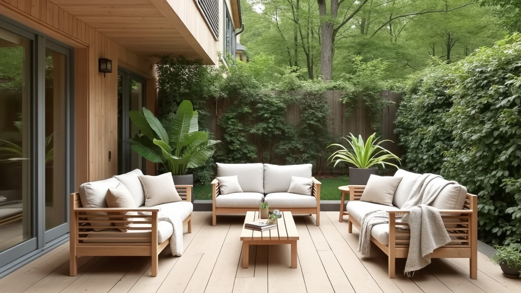 Soft Scandinavian minimalist patio with light wood, cozy blankets, greenery, and a warm, welcoming atmosphere.