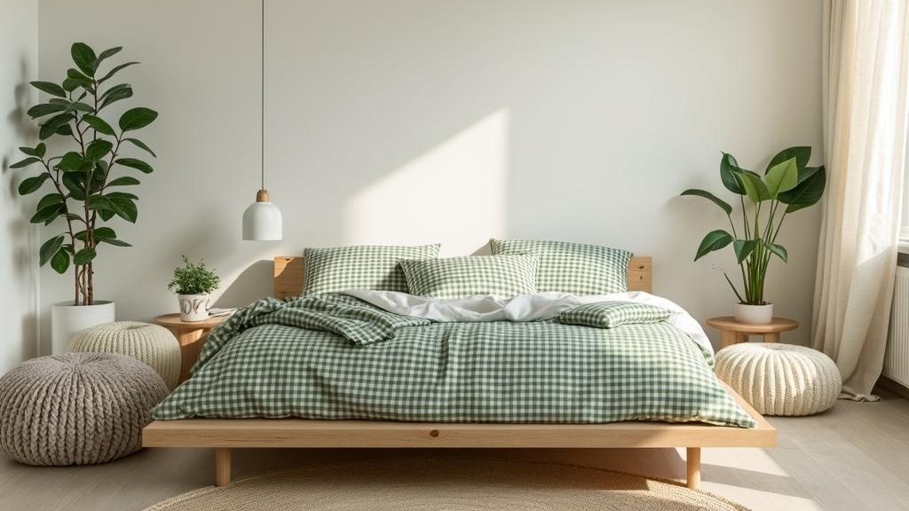 Serene bedroom with green gingham bedding, minimal light birch bed, white walls, and soft textiles.