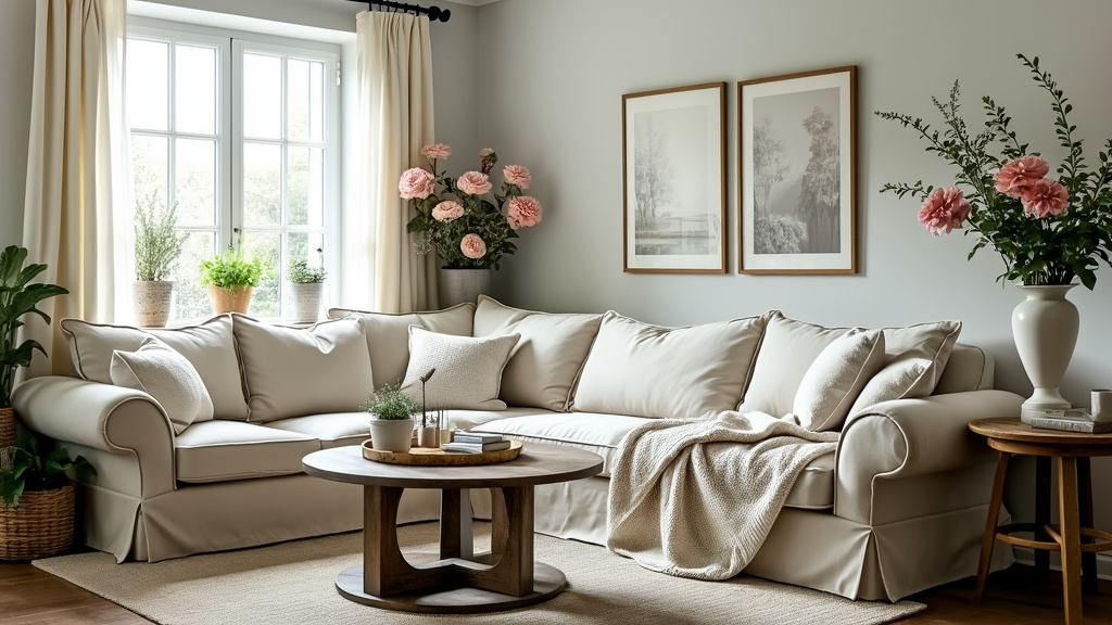 Shabby Chic living room with soft whites, grays, cozy sectional sofa, vintage tables, and lush plants.