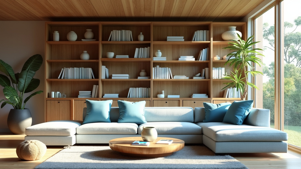 Soothing living space with pale blue colors, natural wood, large sectional sofa, and Zen bookshelf.