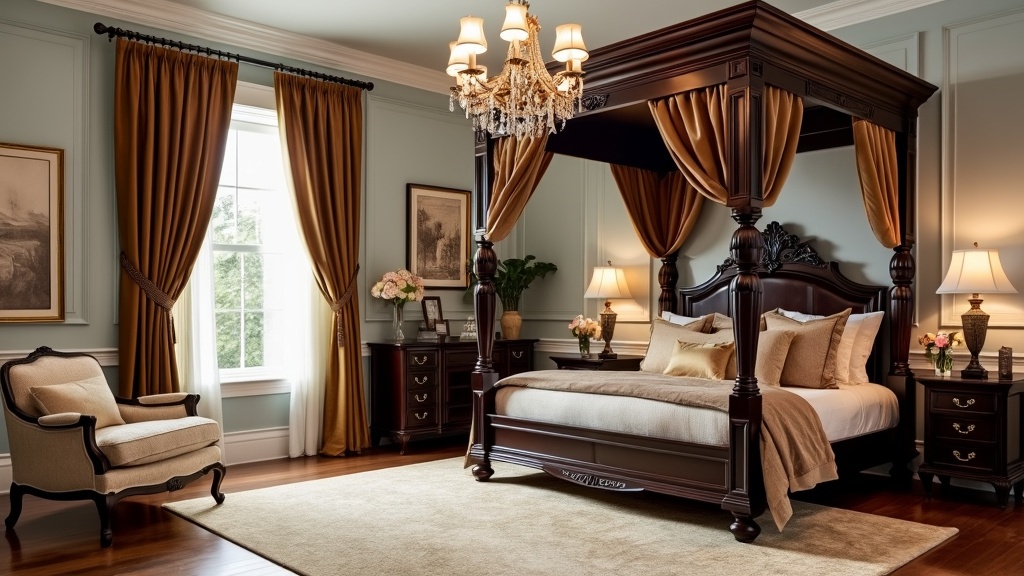 Sophisticated Elegance Bedroom with Victorian charm, featuring gray walls, mahogany furniture, and velvet bed.