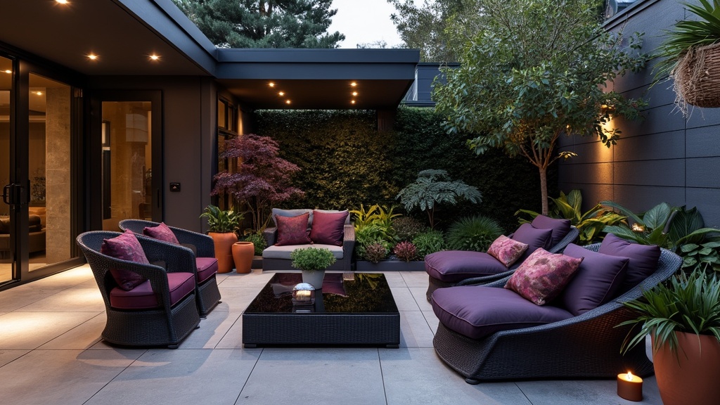 Sophisticated industrial patio with smooth paving, rich colors, elegant planters, and stylish furniture.