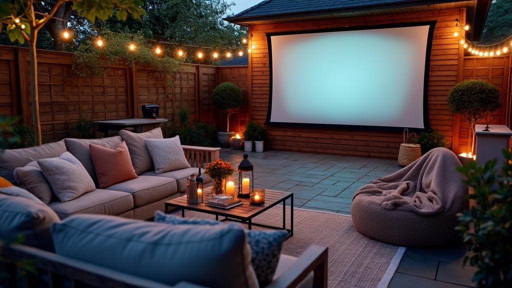 Backyard patio transformed into an outdoor cinema with projector, seating, blankets, and fairy lights.
