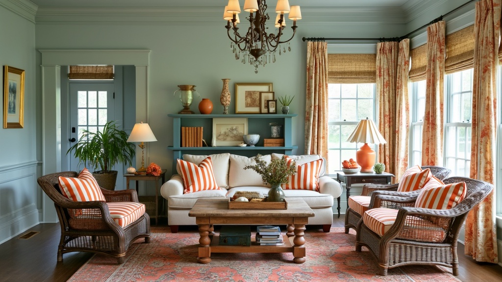 Southern Comfort Living Room with pale blue walls, plush sofa, orange striped pillows, wicker chairs, and rug.