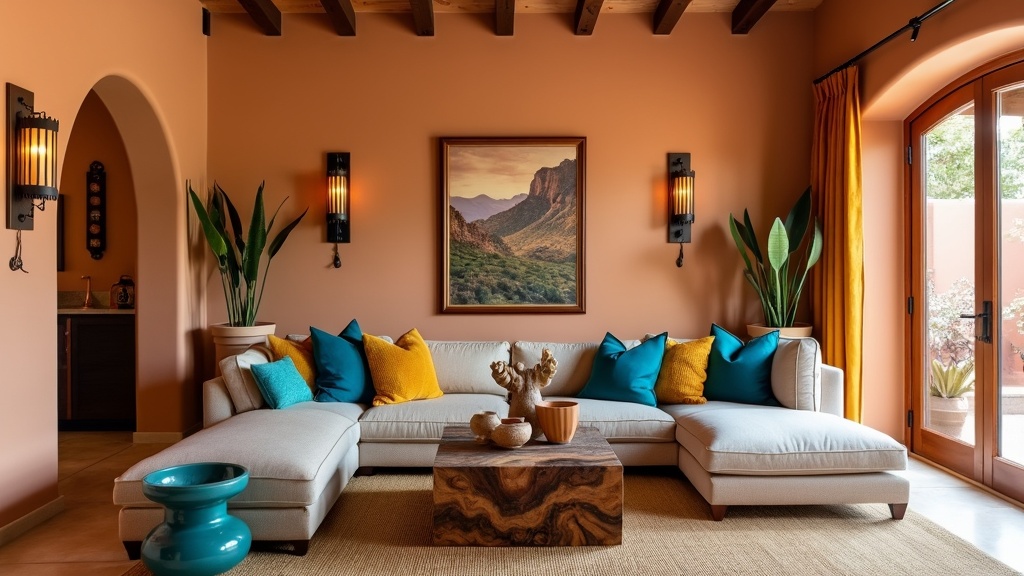 Contemporary Southwestern living room with terracotta walls, plush neutral sectional, turquoise accents, and jute rug.