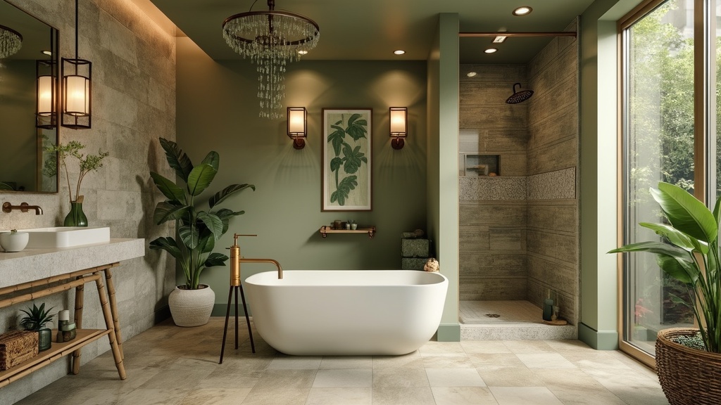 Calming spa-inspired bathroom with earthy colors, freestanding tub, natural stone tiles, and plants.