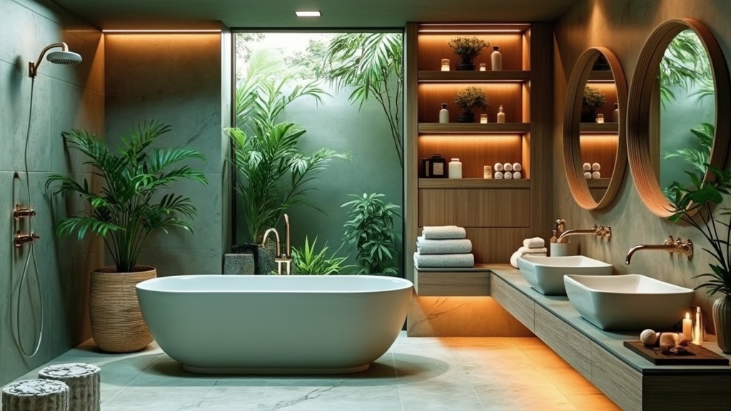 Spa-like bathroom with soothing colors, freestanding tub, rainfall showerhead, and natural light.